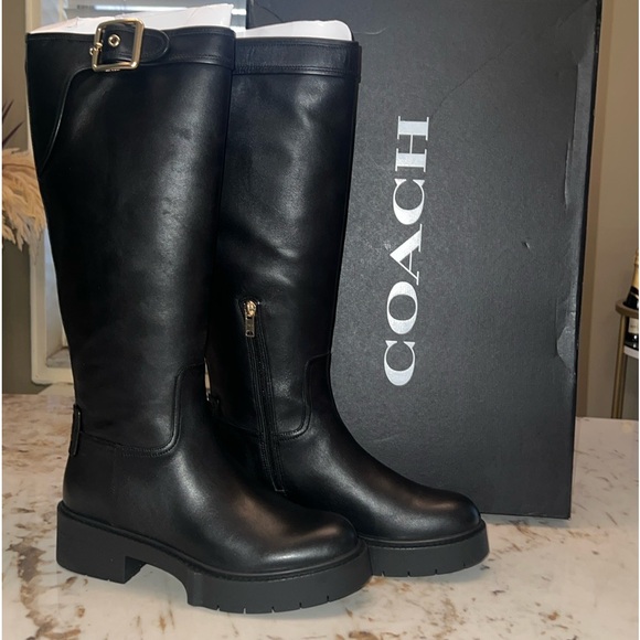 NIB COACH WOMEN'S LILLI TALL  LEATHER BLACK BOOTS SZ 7B/37.5 - Picture 2 of 13